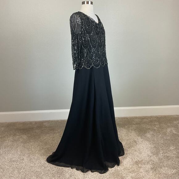 JKara Beaded Chiffon Long Sleeve A-Line Evening Gown Black Size 6 Formal Dress - Picture 3 of 9